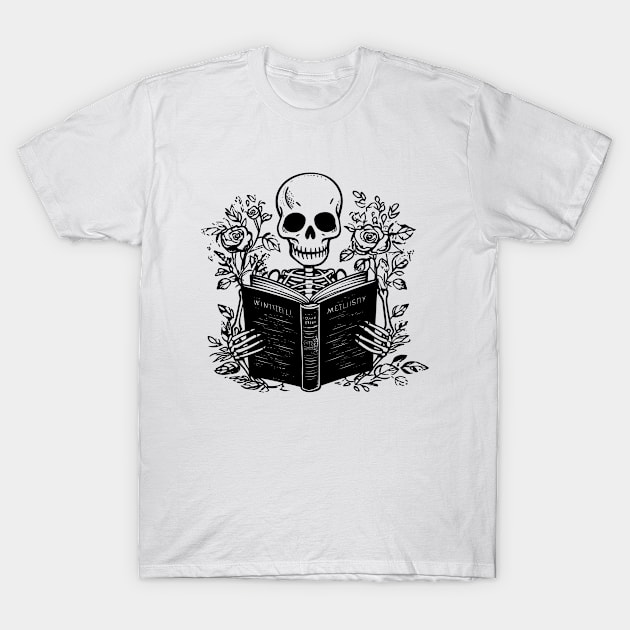 skeleton reading book T-Shirt by Pictandra